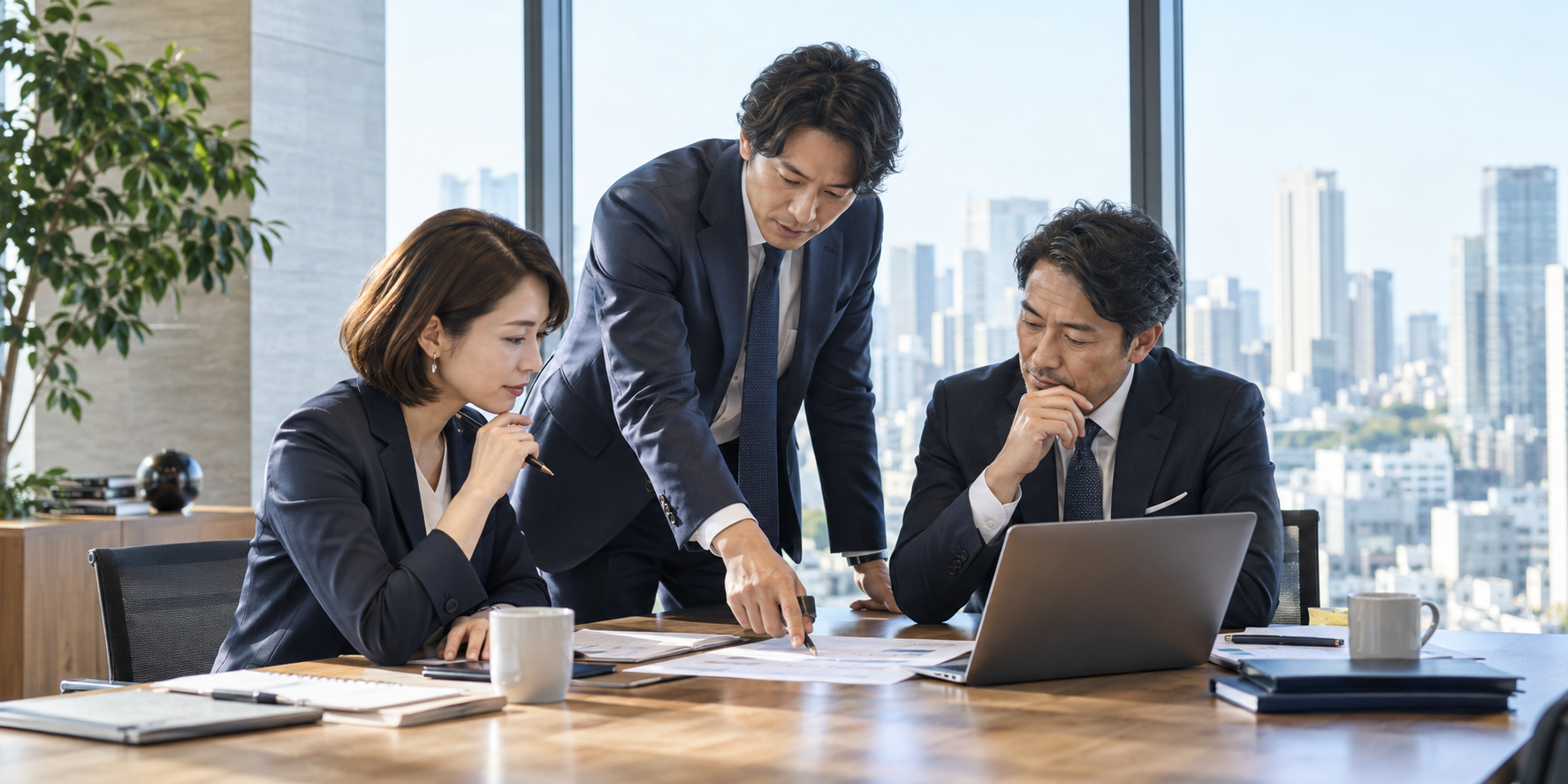 経営チームが資料を囲み、戦略を具体的な行動に落とし込むイメージ